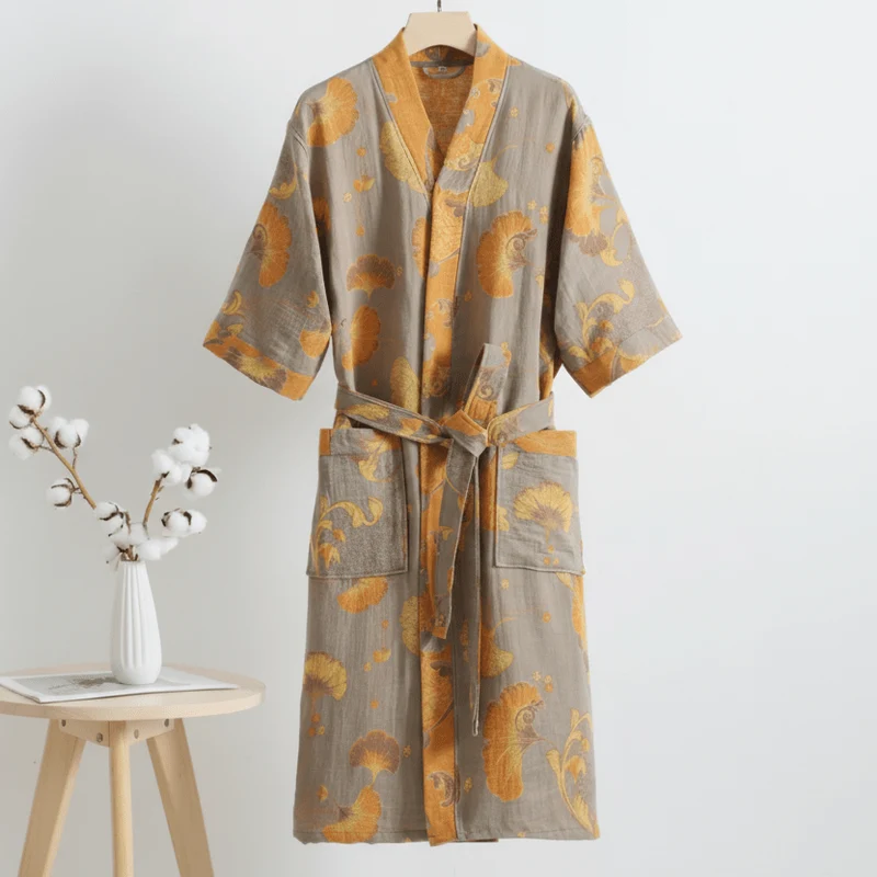 Reversible Organic Cotton Kimono Bathrobe With Ginkgo Leaf Motif Breathable Comfort Euroselle