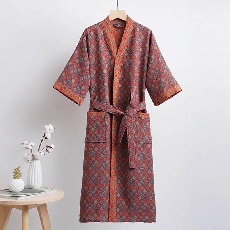 Reversible Organic Cotton Kimono Bathrobe With Ginkgo Leaf Motif Breathable Comfort Euroselle