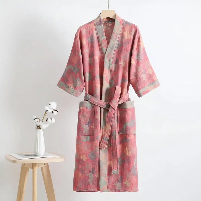 Reversible Organic Cotton Kimono Bathrobe With Ginkgo Leaf Motif Breathable Comfort Euroselle