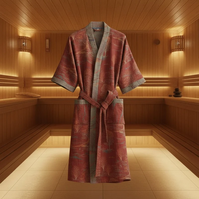 Reversible Organic Cotton Kimono Bathrobe With Ginkgo Leaf Motif Breathable Comfort Euroselle