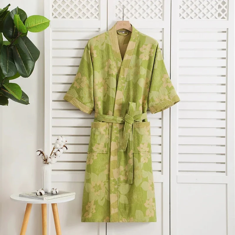 Reversible Organic Cotton Kimono Bathrobe With Ginkgo Leaf Motif Breathable Comfort Euroselle