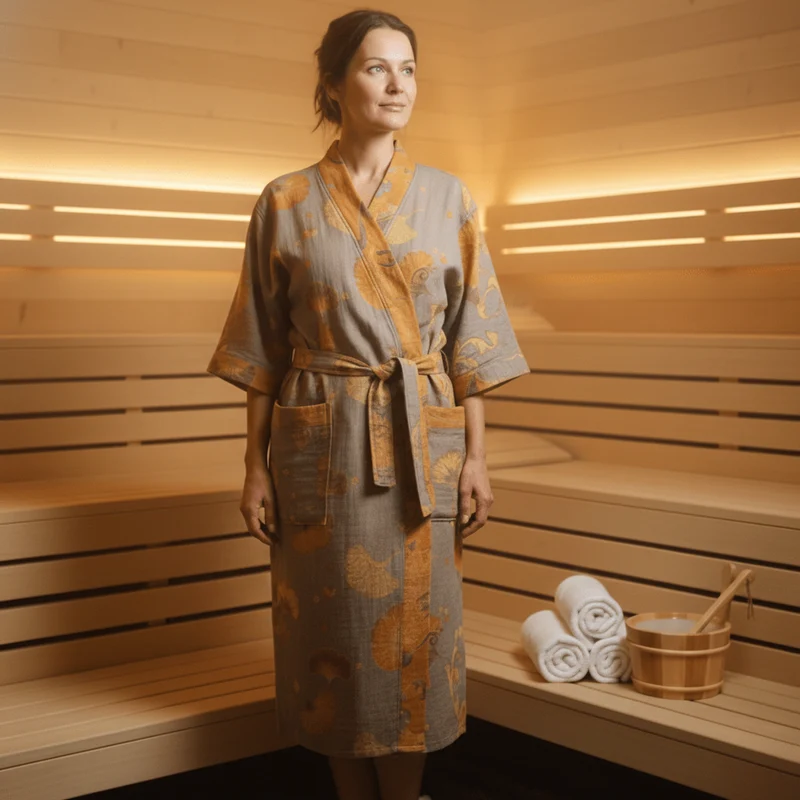 Reversible Organic Cotton Kimono Bathrobe With Ginkgo Leaf Motif Breathable Comfort Euroselle