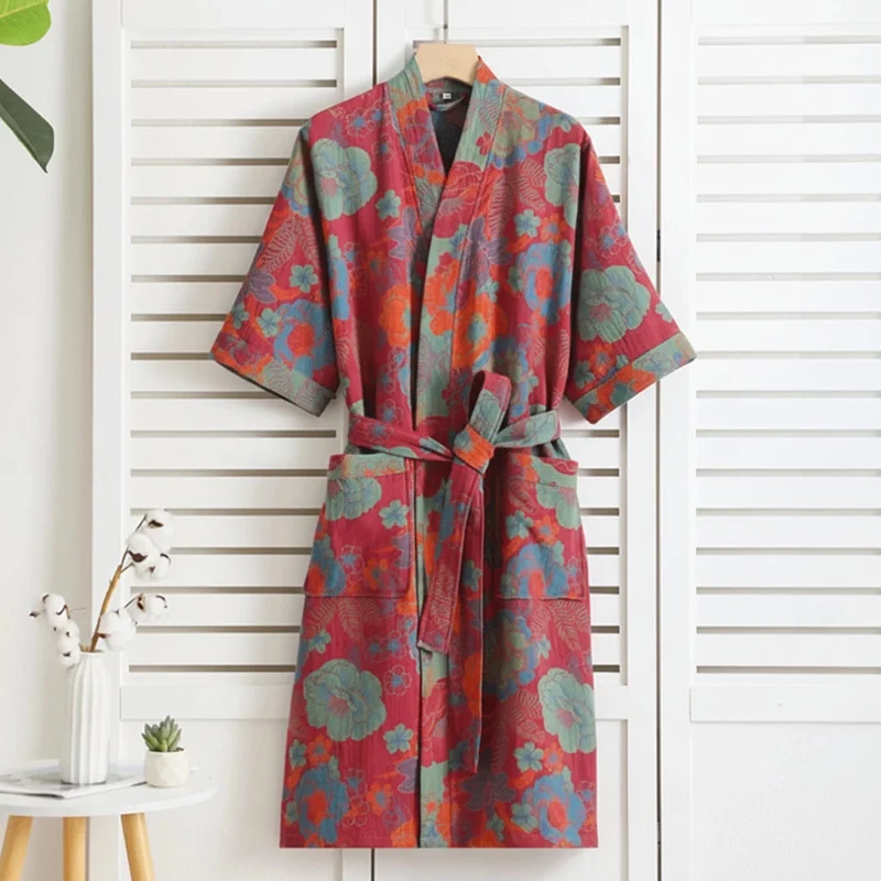 Reversible Organic Cotton Kimono Bathrobe With Ginkgo Leaf Motif Breathable Comfort Euroselle