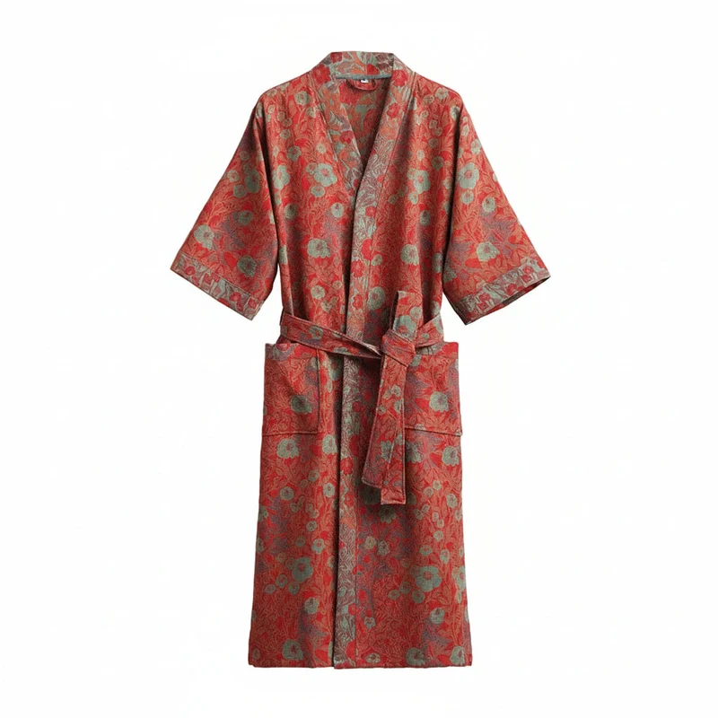 Reversible Organic Cotton Kimono Bathrobe With Ginkgo Leaf Motif Breathable Comfort Euroselle