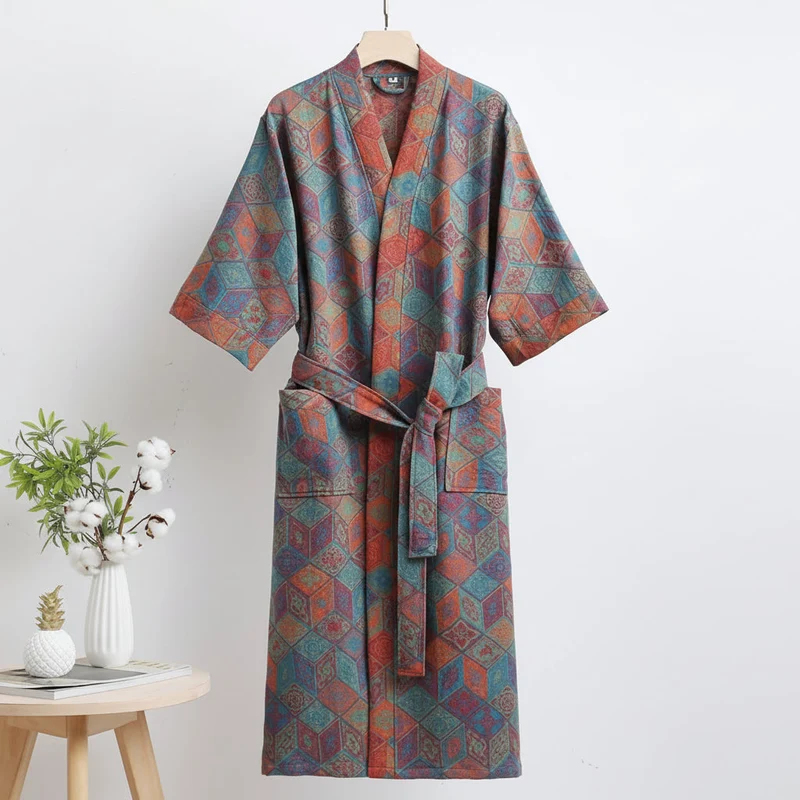 Reversible Organic Cotton Kimono Bathrobe With Ginkgo Leaf Motif Breathable Comfort Euroselle