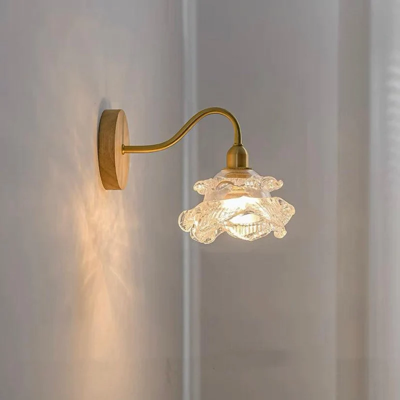 Euroselle Layered Glass Flower Wall Light With Wood Lamp Fixture, Bulb Included