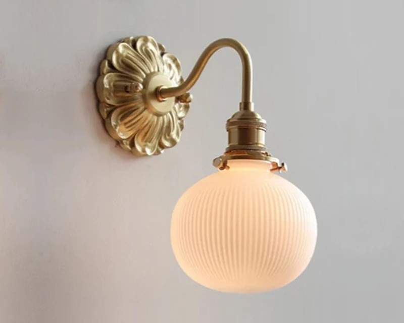 Ribbed Ceramic Ball Wall Light In Brushed Brass With Carved Flower Fixture Bulb Included Euroselle