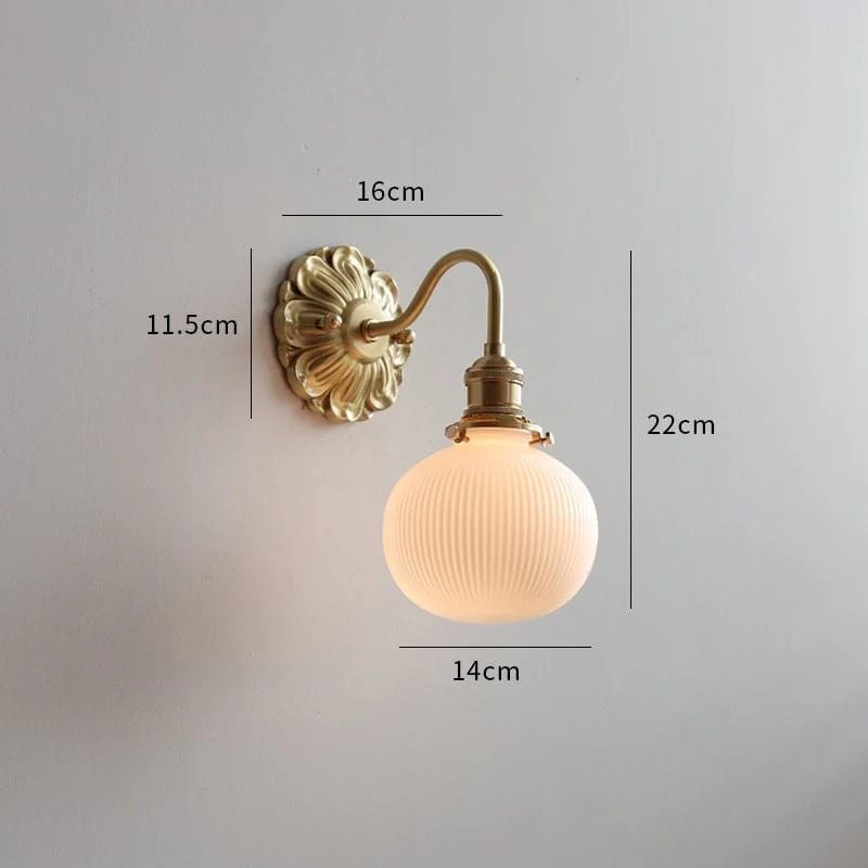 Ribbed Ceramic Ball Wall Light In Brushed Brass With Carved Flower Fixture Bulb Included Euroselle