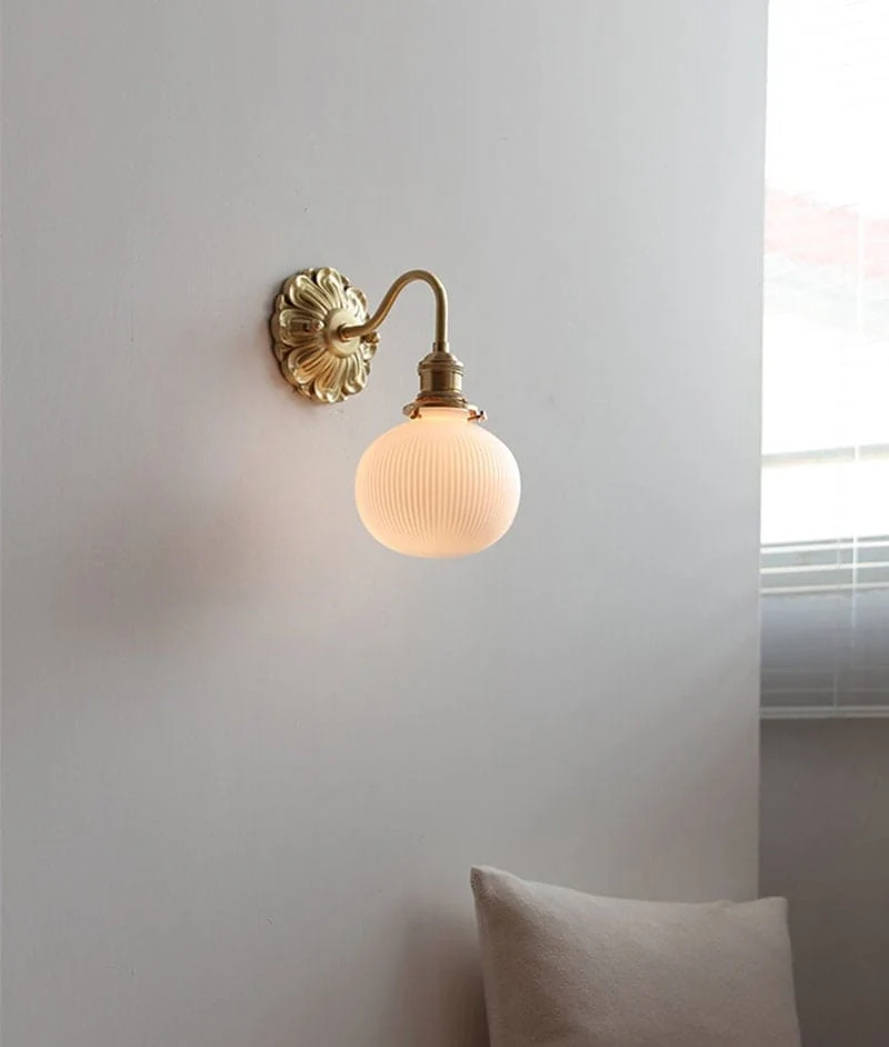 Ribbed Ceramic Ball Wall Light In Brushed Brass With Carved Flower Fixture Bulb Included Euroselle