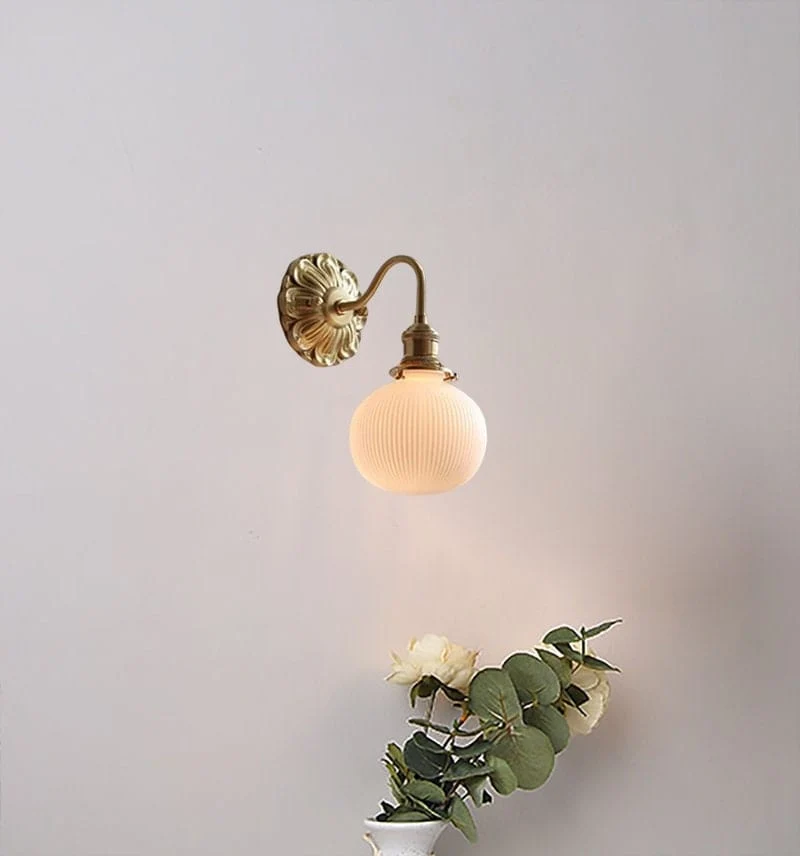 Ribbed Ceramic Ball Wall Light In Brushed Brass With Carved Flower Fixture Bulb Included Euroselle