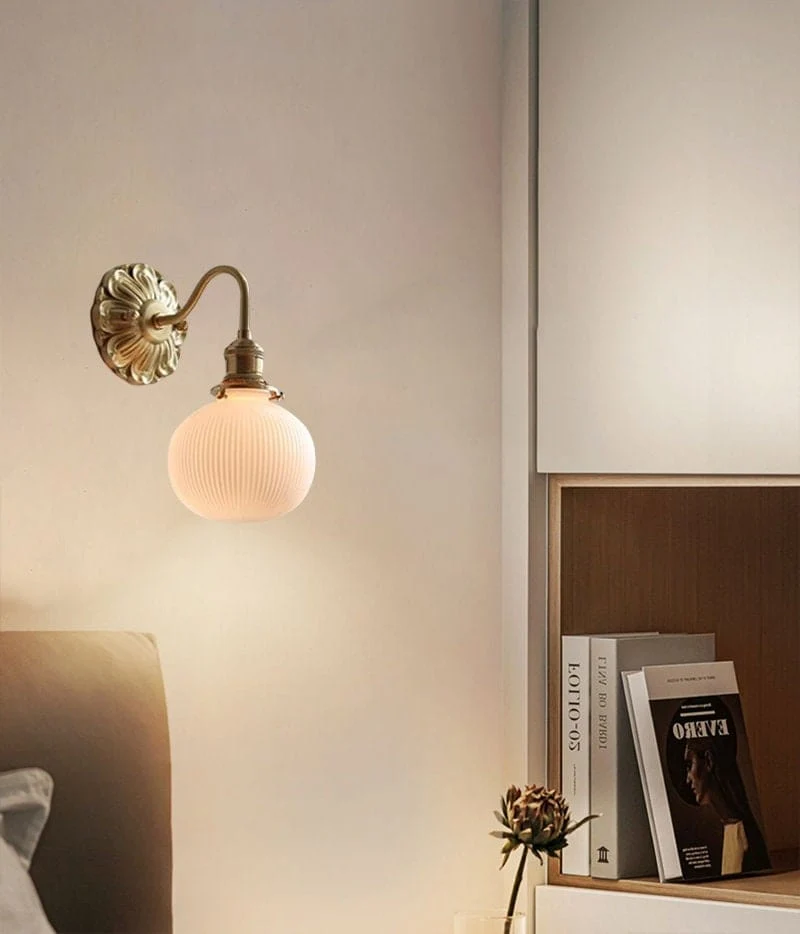 Ribbed Ceramic Ball Wall Light In Brushed Brass With Carved Flower Fixture Bulb Included Euroselle