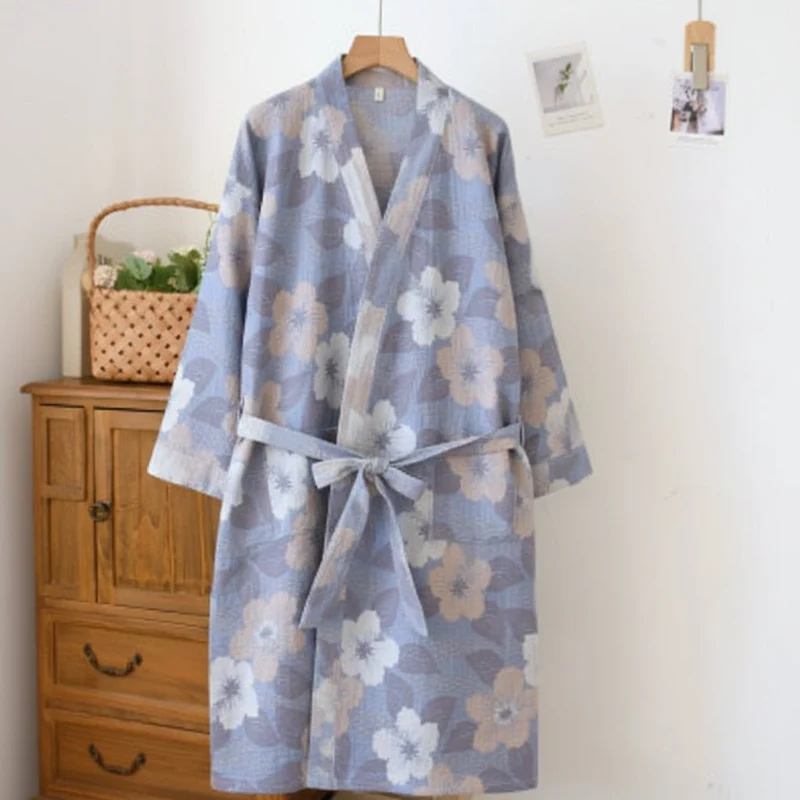 Euroselle Organic Cotton Kimono Bathrobe With Breathable Gauze And Reversible Comfort