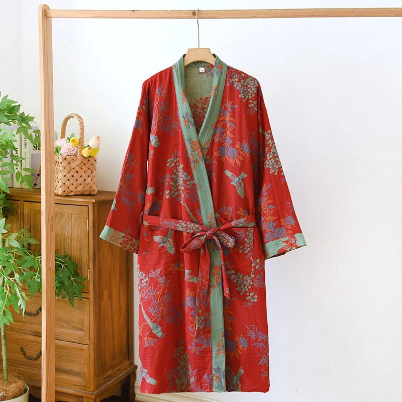 Euroselle Organic Cotton Kimono Bathrobe With Breathable Gauze And Reversible Comfort