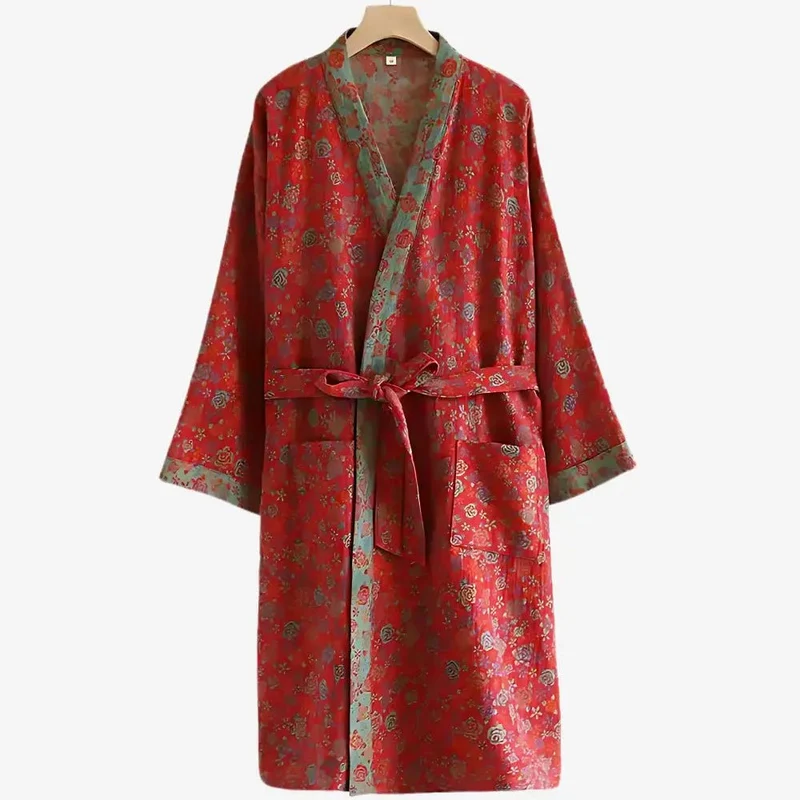 Euroselle Organic Cotton Kimono Bathrobe With Breathable Gauze And Reversible Comfort