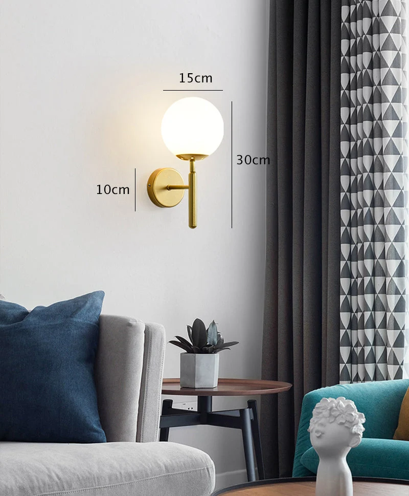 Euroselle Upright Milky Glass Ball LED Wall Light With Brushed Brass Fixture Mid Century Modern