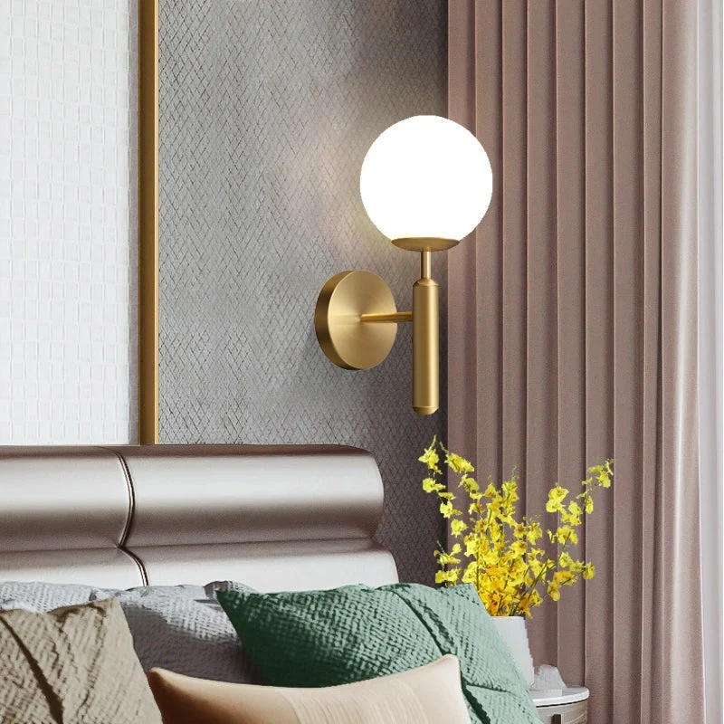 Euroselle Upright Milky Glass Ball LED Wall Light With Brushed Brass Fixture Mid Century Modern