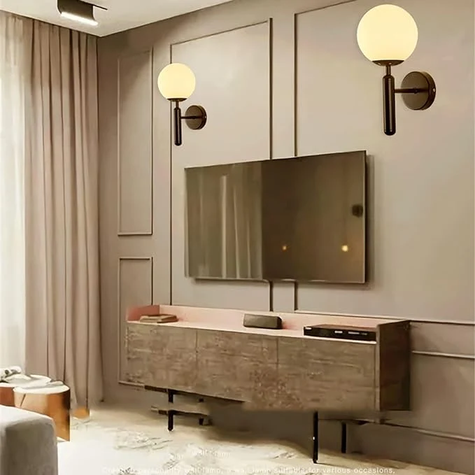 Euroselle Upright Milky Glass Ball LED Wall Light With Brushed Brass Fixture Mid Century Modern
