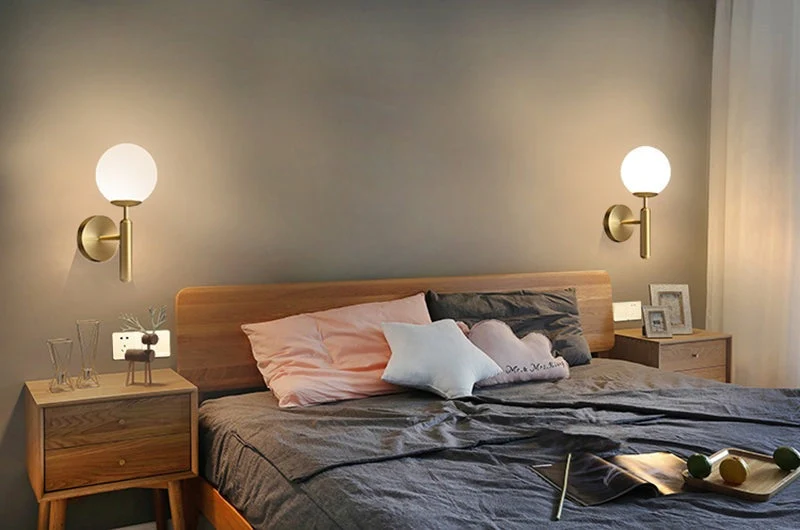 Euroselle Upright Milky Glass Ball LED Wall Light With Brushed Brass Fixture Mid Century Modern