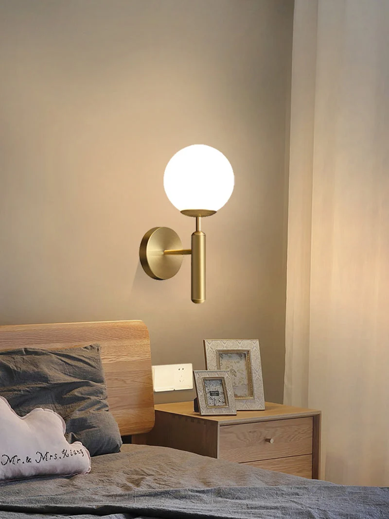 Euroselle Upright Milky Glass Ball LED Wall Light With Brushed Brass Fixture Mid Century Modern
