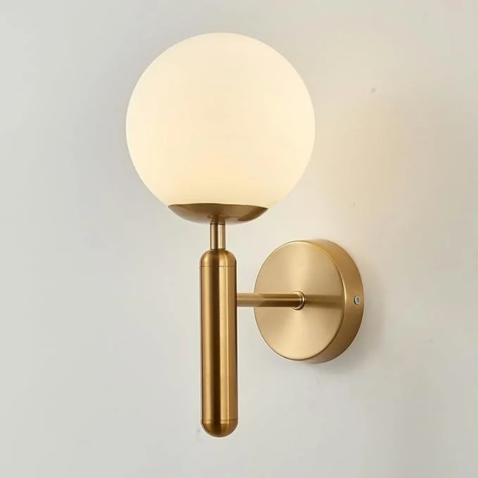 Euroselle Upright Milky Glass Ball LED Wall Light With Brushed Brass Fixture Mid Century Modern