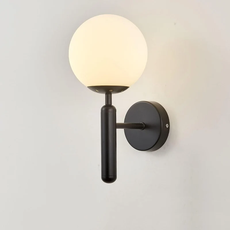 Euroselle Upright Milky Glass Ball LED Wall Light With Brushed Brass Fixture Mid Century Modern