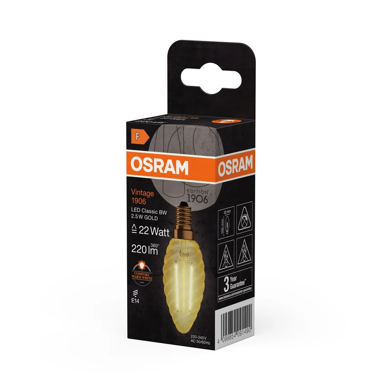 OSRAM VINTAGE 1906® LED Lampe LED CLASSIC B 2.5W 824 Gold E14 BW-Form, 220 lm, 2400 K, Warm Comfort Light