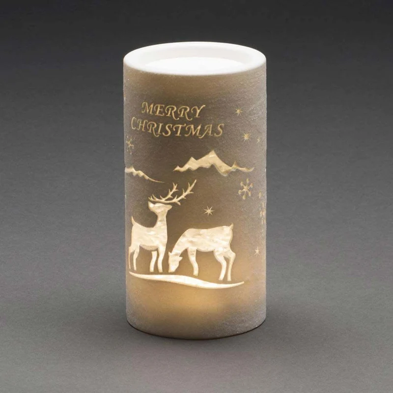 LED Laterne Rentier Weihnachtsmann und Schlitten Zylinderform Timer warmweiß batteriebetrieben