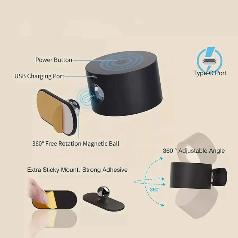 Euroselle 360 Degree Wireless USB Rechargeable Wall Lamp With Three Brightness Levels