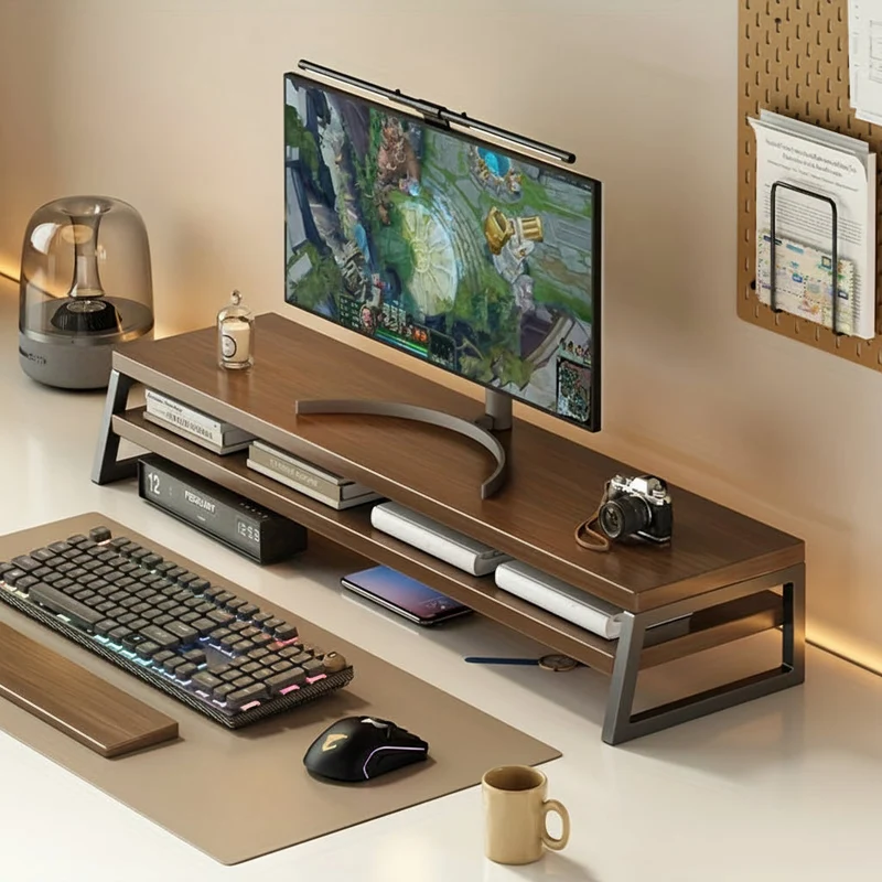 Euroselle Space-Saving Wooden Monitor Stand With Storage, Durable Metal Frame