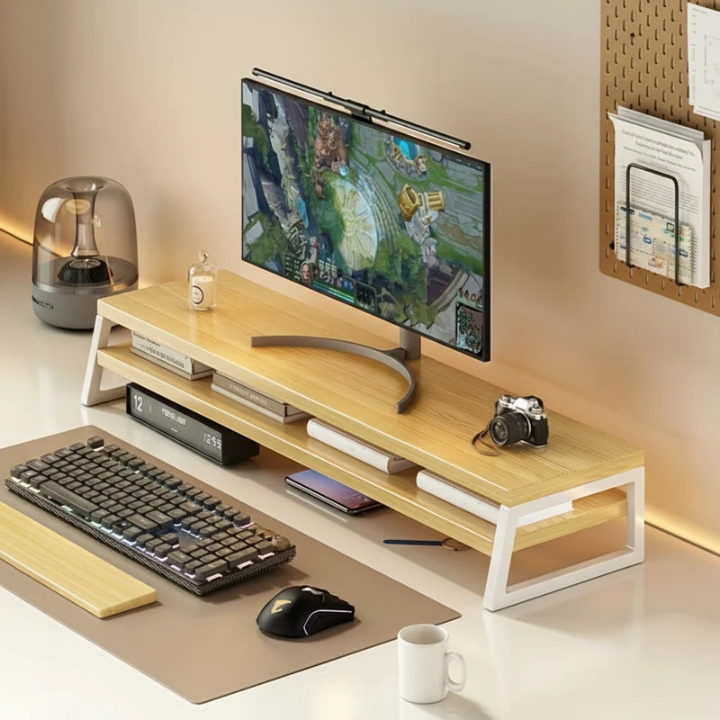 Euroselle Space-Saving Wooden Monitor Stand With Storage, Durable Metal Frame