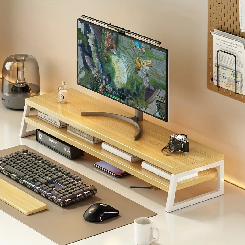 Euroselle Space-Saving Wooden Monitor Stand With Storage, Durable Metal Frame