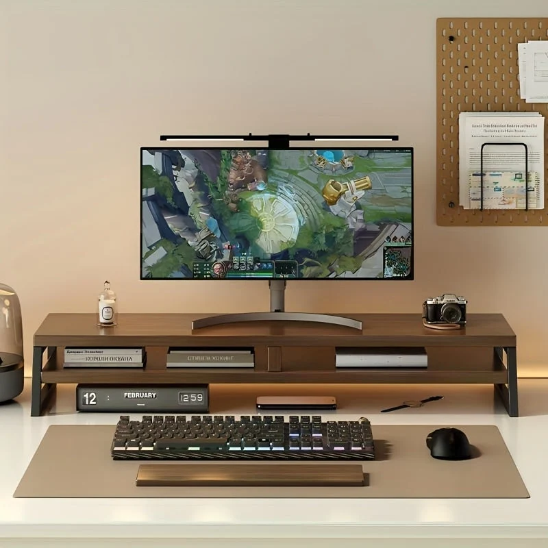 Euroselle Space-Saving Wooden Monitor Stand With Storage, Durable Metal Frame