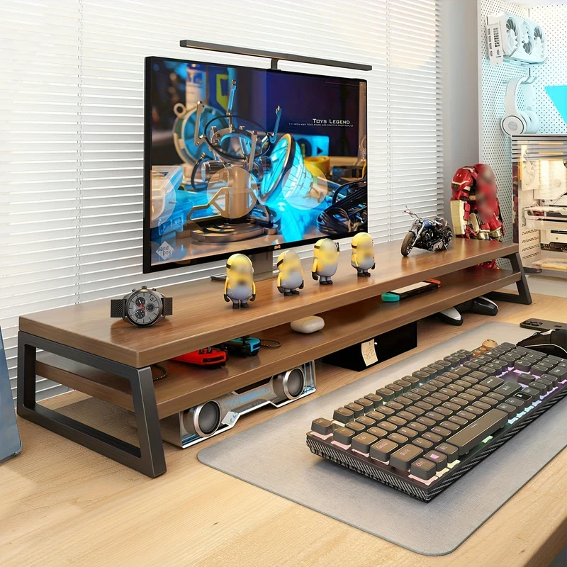 Euroselle Space-Saving Wooden Monitor Stand With Storage, Durable Metal Frame