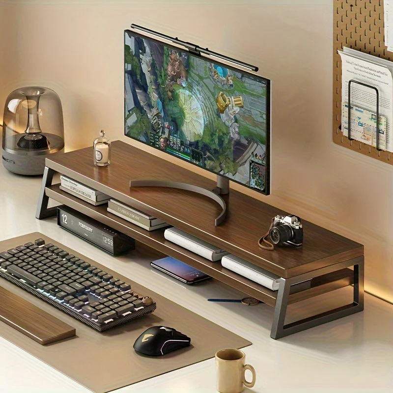 Euroselle Space-Saving Wooden Monitor Stand With Storage, Durable Metal Frame