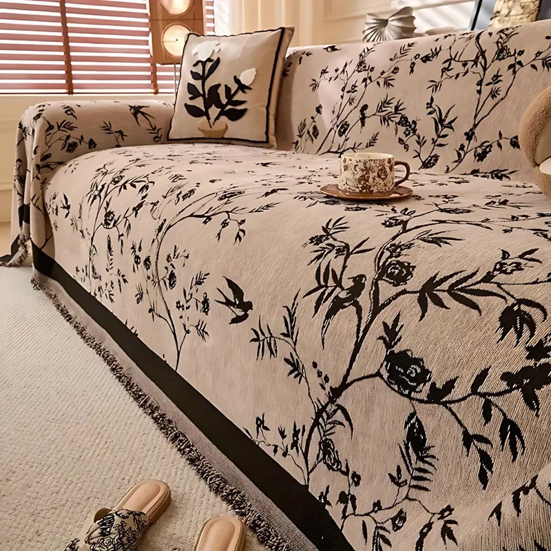 Floral Chenille Sofa Cover With Tassel Edging Euroselle