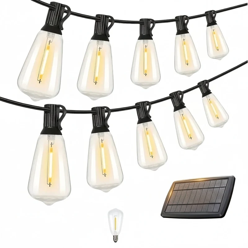 Euroselle 100Ft Solar String Lights Outdoor Commercial Grade LED With Dimmable Yellow ST38 Bulbs