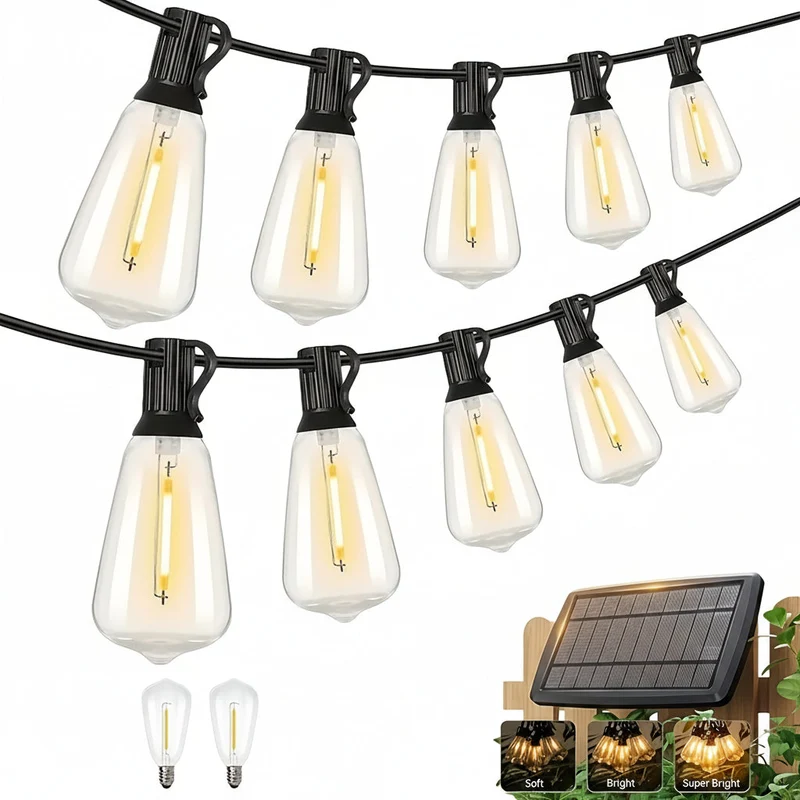 Euroselle 100Ft Solar String Lights Outdoor Commercial Grade LED With Dimmable Yellow ST38 Bulbs