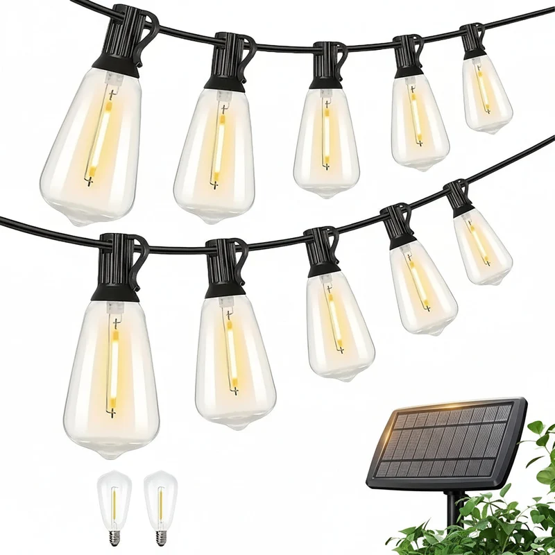 Euroselle 100Ft Solar String Lights Outdoor Commercial Grade LED With Dimmable Yellow ST38 Bulbs