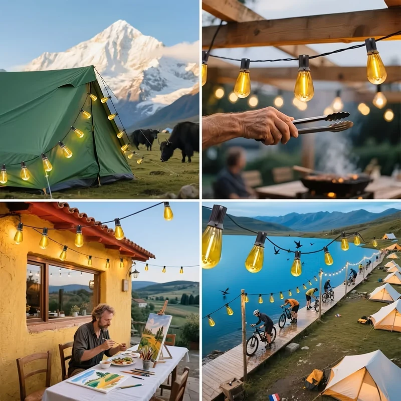 Euroselle 100Ft Solar String Lights Outdoor Commercial Grade LED With Dimmable Yellow ST38 Bulbs