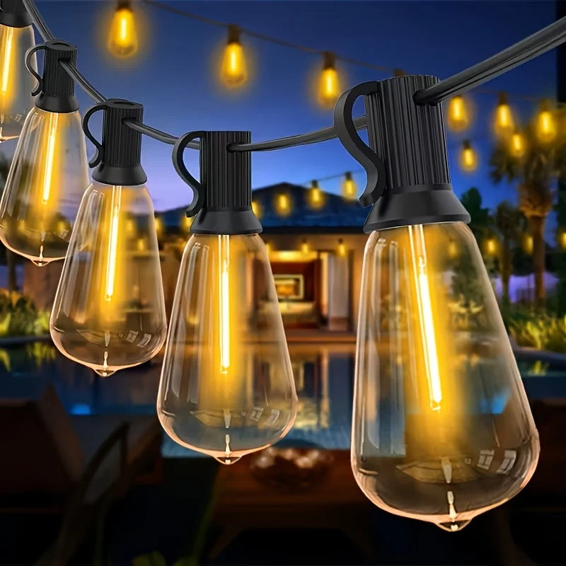Euroselle 100Ft Solar String Lights Outdoor Commercial Grade LED With Dimmable Yellow ST38 Bulbs
