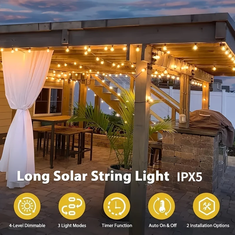 Euroselle 100Ft Solar String Lights Outdoor Commercial Grade LED With Dimmable Yellow ST38 Bulbs