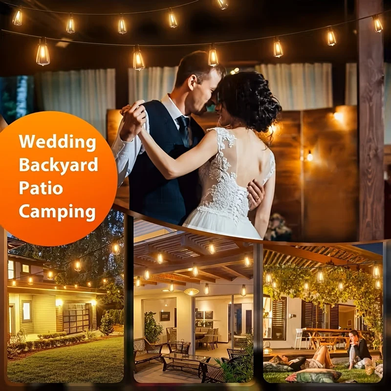 Euroselle 100Ft Solar String Lights Outdoor Commercial Grade LED With Dimmable Yellow ST38 Bulbs