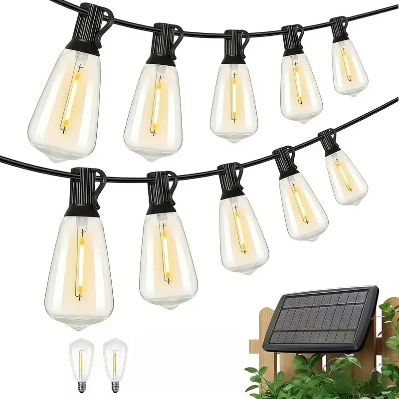 Euroselle 100Ft Solar String Lights Outdoor Commercial Grade LED With Dimmable Yellow ST38 Bulbs
