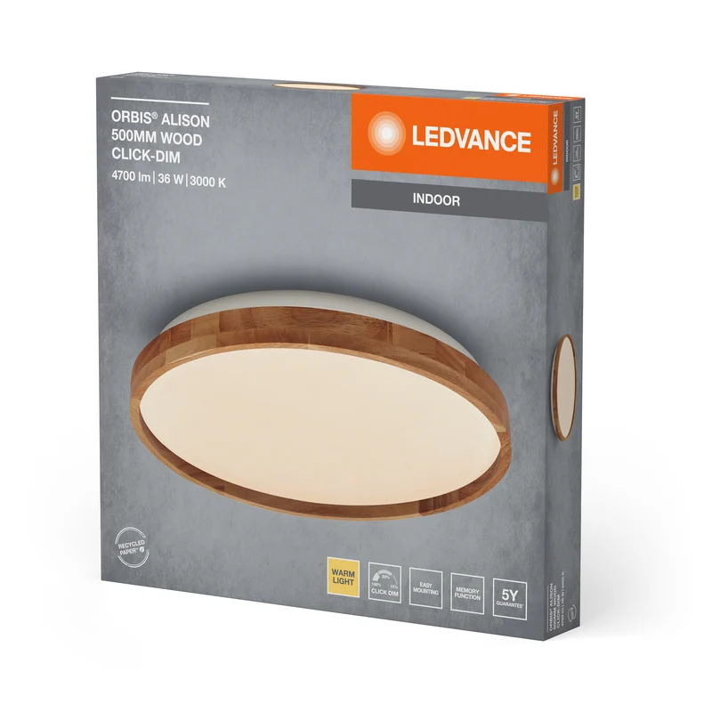 LEDVANCE ORBIS Alison Wand- und Deckenleuchte mit LED, 36W, 2600lm, 3000K, 500mm Durchmesser, freundliches Warmweiß, durch Klicken dimmbar, IP20 Schutz, Montageschrauben und Dübel inklusive