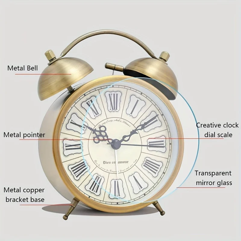 Euroselle Scandinavian Vintage Alarm Clock With Luminous Dial