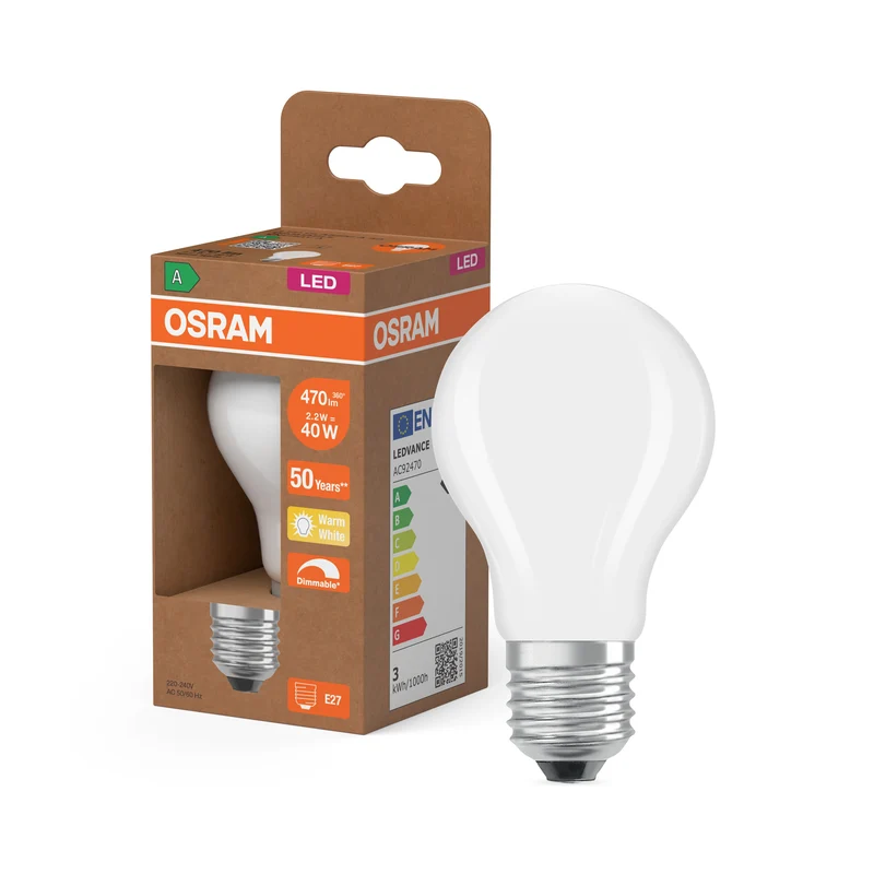 OSRAM LED CLASSIC A ENERGY EFFICIENCY A DIM in A-Form, LED-Lampe, Bleifreies Glas, Matt, 2,2 W, (ex 40 W), 470 lm, Warmweiß, 2700 K, Dimmbar, Energieeffizienzklasse: A