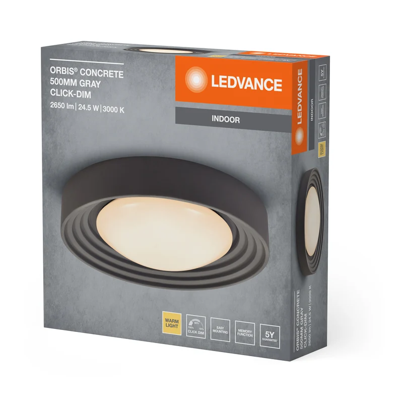 LEDVANCE ORBIS Concrete, graue Beton-Deckenleuchte mit LED, 24. 5W, 1800lm, 3000K freundliches Warmweiß, durch Klicken in 3-Stufen dimmbar, 500mm Durchmesser, IP20 Schutz, für Badezimmer geeignet