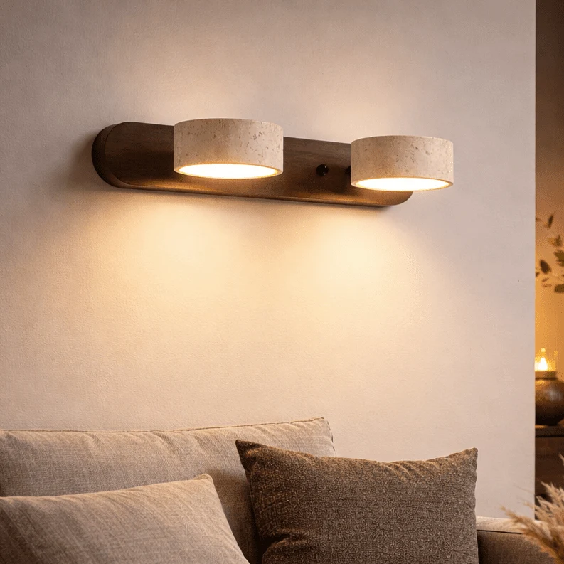 Euroselle Indoor LED Wall Light With Travertine And Wood For Warm Architectural Illumination