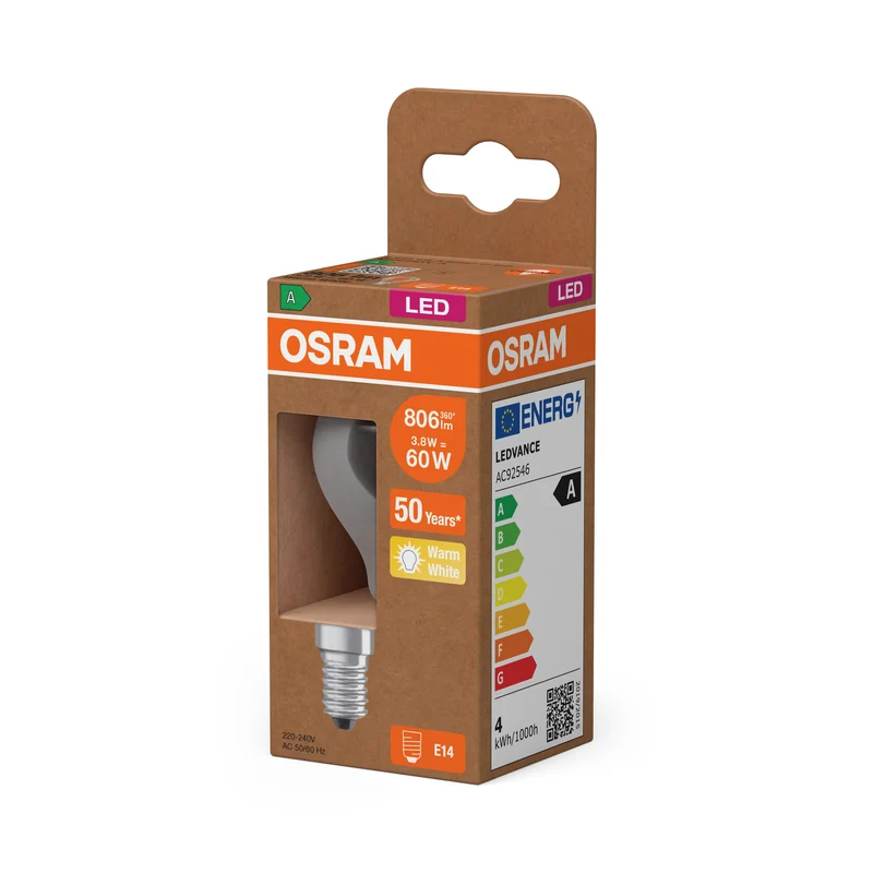 OSRAM LED CLASSIC P ENERGY EFFICIENCY A in P-Form, LED-Lampe, Bleifreies Glas, Klar, 3,8 W, (ex 60 W), 806 lm, Warmweiß, 2700 K, Energieeffizienzklasse: A, CRI 80