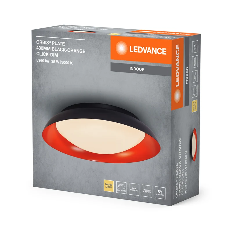 LEDVANCE Orbis Plate LED-Deckenleuchte, schwarz-orange, 35W, 1700lm, 3000K, 430mm, 830 freundliches Warmweiß, durch Kicken in 3-Stufen dimmbar, IP20 Schutz, Montageschrauben und Dübel inklusive